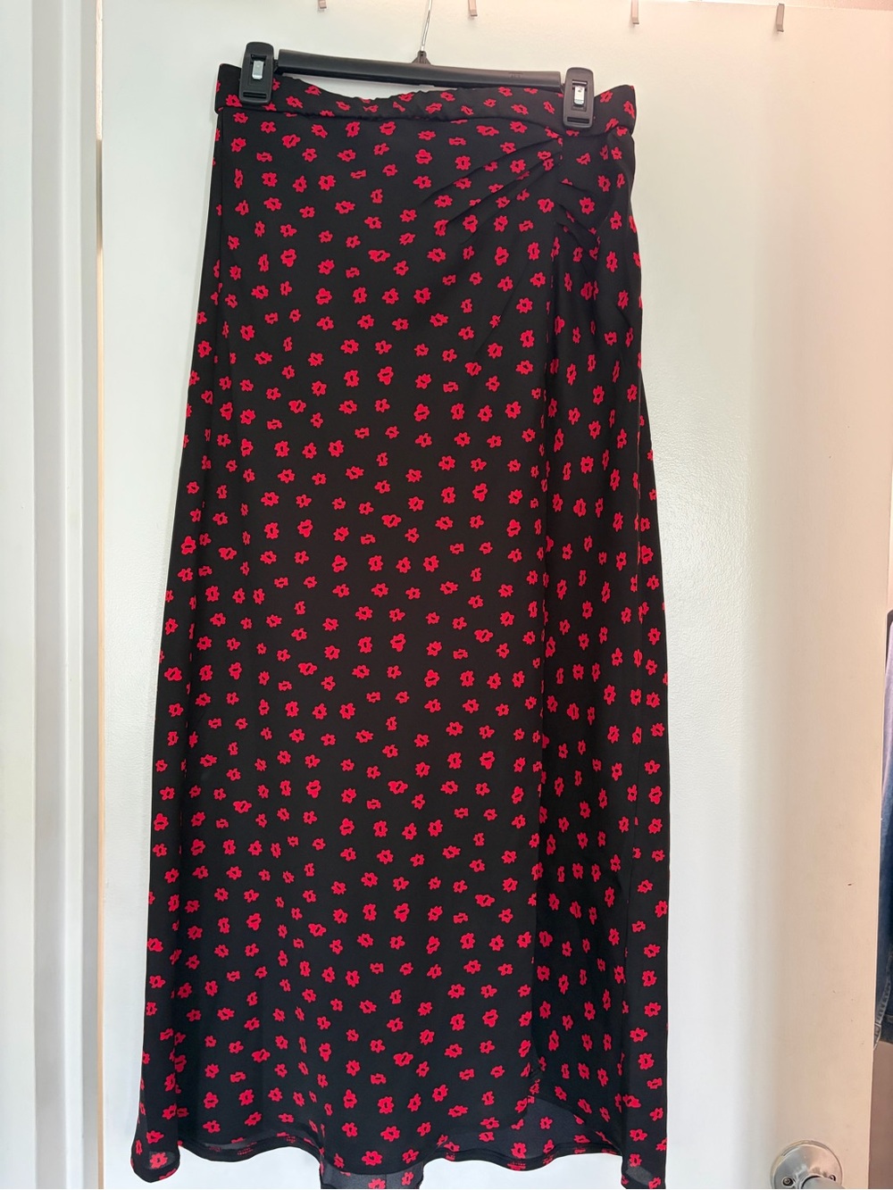 Black Midi Skirt with Red Floral Print